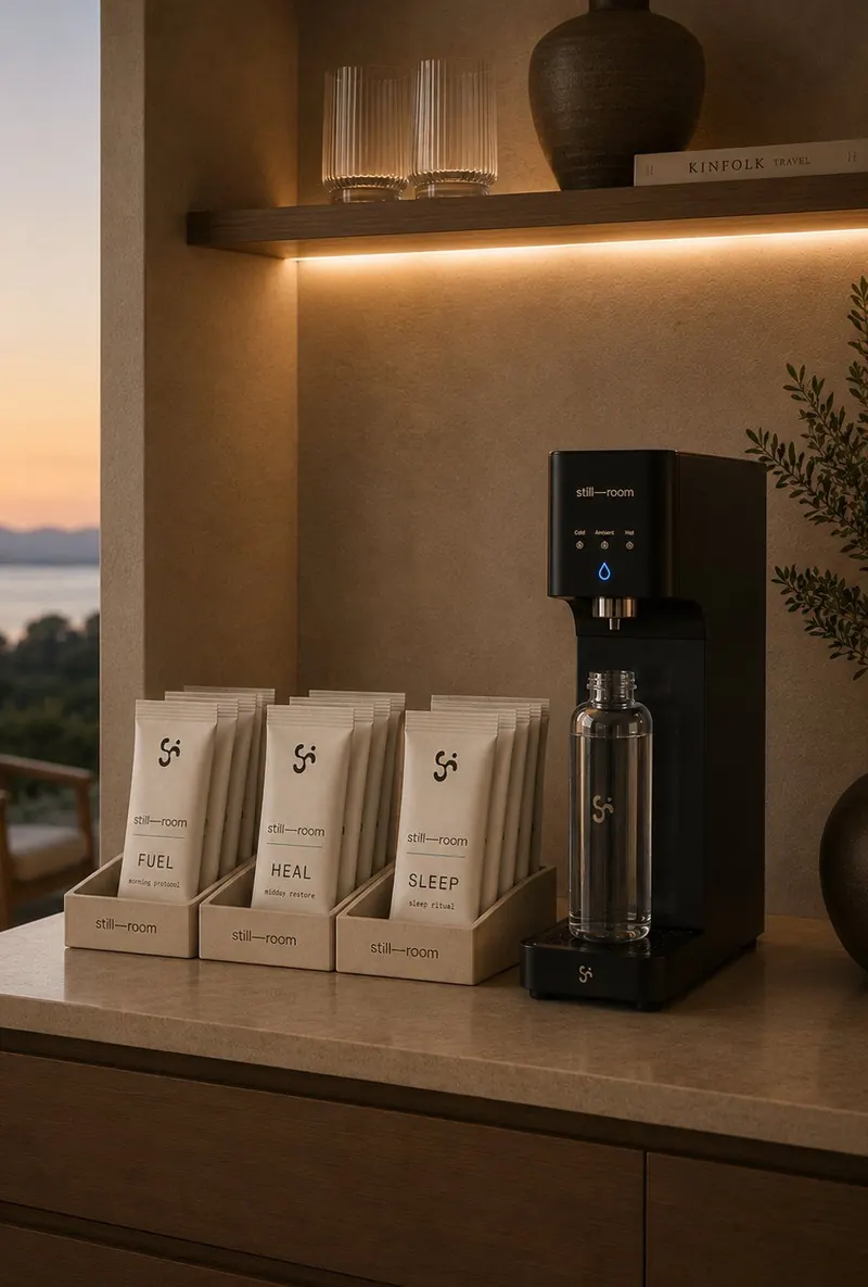 Hotel minibar stocked with protein, electrolytes and adaptogen drinks