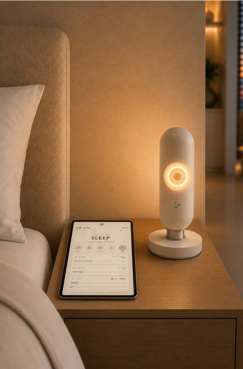 Hotel bed prepared with a sleep kit and dimmed warm light
